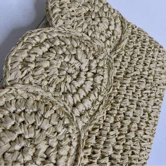 Talbots Paper Straw Gold Metallic Tan Leather Trim Top Zip Clutch Bag Strap - Picture 11 of 11